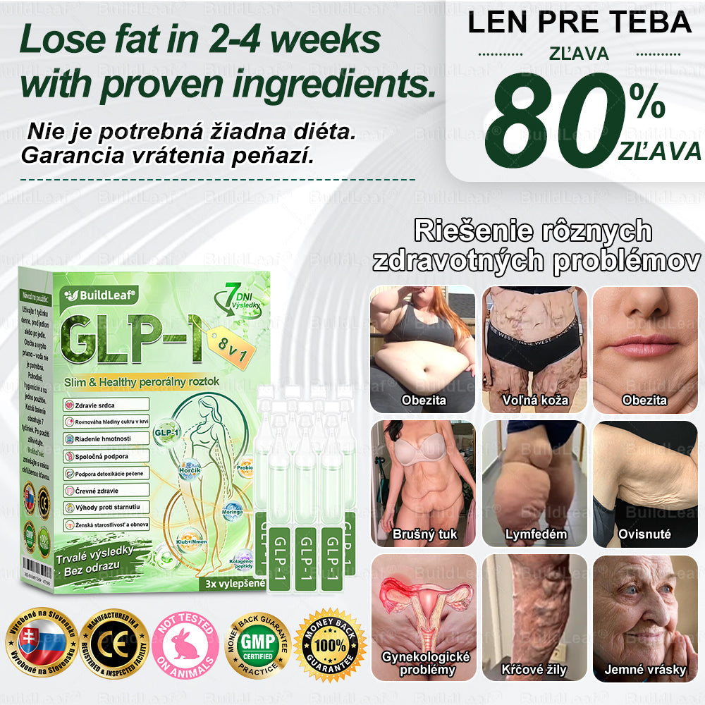 BuildLeaf® GLP-1 8-v-1 Fit & Vital Perorálny Roztok✅ (Len raz denne, viditeľné zmeny už za 7 dní) Pre obezitu, kardiovaskulárne ochorenia, cukrovku, spánkové apnoe, zdravie čriev, problémy s kĺbmi a ďalšie