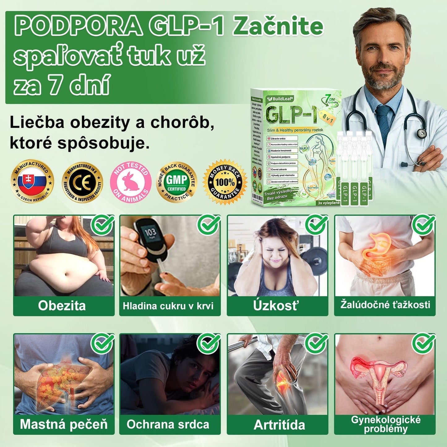 BuildLeaf® GLP-1 8-v-1 Fit & Vital Perorálny Roztok✅ (Len raz denne, viditeľné zmeny už za 7 dní) Pre obezitu, kardiovaskulárne ochorenia, cukrovku, spánkové apnoe, zdravie čriev, problémy s kĺbmi a ďalšie